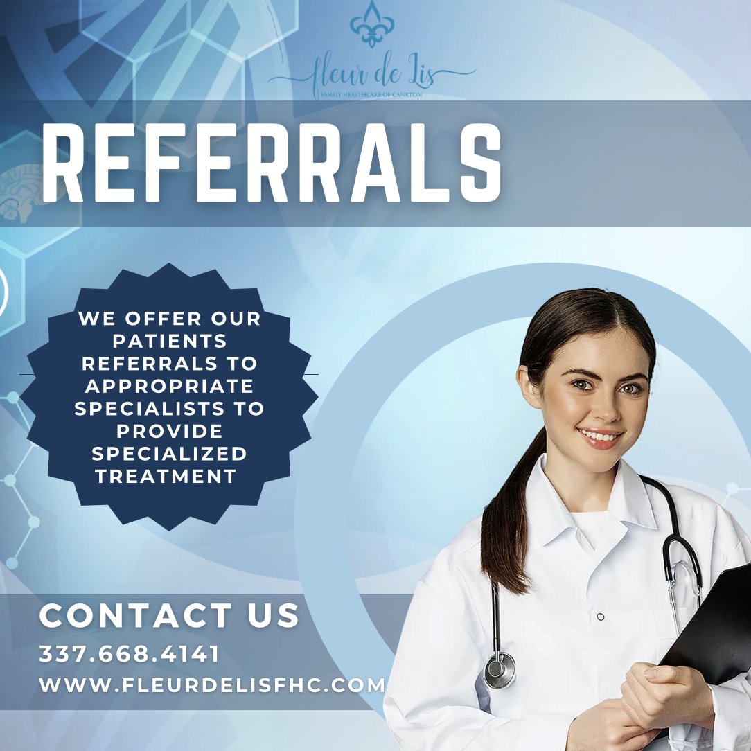 We offer our patients referrals to appropriate specialists to provide specialized treatment.

#RuralHealth #PatientCare #Family #Health #Healthcareforall #nursepractitioner #FleurDeLisFHC #RHC #UrgentCare #Cankton #Louisiana #RuralHealthCare