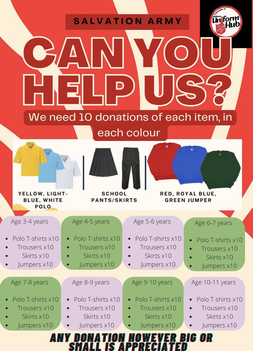 We need your support more than ever with our school uniform hub, can you support with buying an item or sharing the posters in your work place for donations? #oldhamhour @TheOldhamTimes @WeActTogether @jamesATFoldham @ForHousing @YourGuinness @LauWindsor @OldhamCouncil