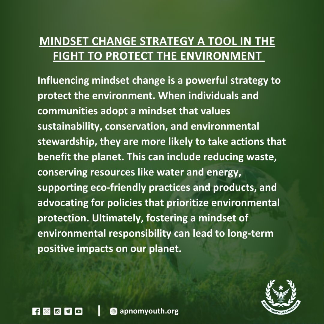 Unlocking change through mindset shift. A powerful tool in safeguarding our planet. Adopting sustainability mindsets fuels actions like waste reduction, conservation, and eco-friendly choices. Let's embrace sustainable mindsets for a greener future! 🌍💡  #ProtectTheEnvironment'