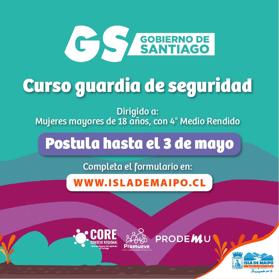 👩‍✈️🗃 ¡Atención vecinas de Isla de Maipo! Postula al curso de guardia de seguridad 🤳 Ingresa a islademaipo.cl y completa el formulario de inscripción hasta el 3 de mayo. ☝️ Dirigido a mujeres mayores de 18 años de edad con su enseñanza media rendida. #ISLADEMAIPO