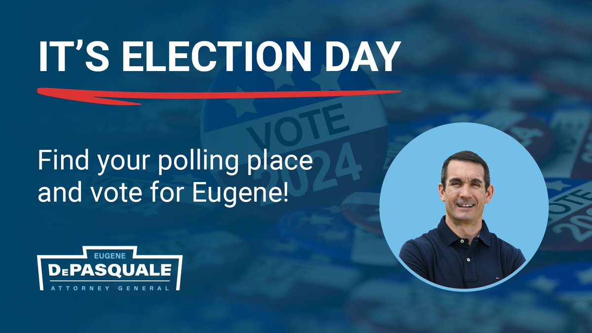 IT'S ELECTION DAY!  I would be honored to earn your vote for Attorney General.  Polls are open from 7a-8p, visit vote.pa.gov/polls for info.  Thank you to everyone who has supported our people-powered pro-choice, pro-democracy campaign.  Go vote! Let's win this!
#TeamEugene