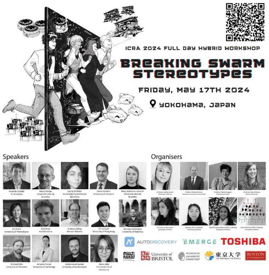 sabinehauert's tweet image. Check out our #ICRA2024 workshop on breaking swarm stereotypes. Excellent programme with talks, panels, guest appearances by biologists, posters, videos, live demos, an interactive game, and evening social!
Final deadline for contributions is 1st May: hauertlab.com/breaking-swarm…