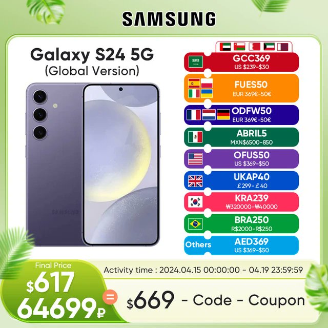 #SamsungGalaxyS24 Snapdragon 8 Gen 3 6.2' 120Hz AMOLED 2X Display 50MP Triple Camera Android14 Samsung S24 AI Smartphone 2024
Original price: USD 1100.00
Now price: USD 759.00
Click&Buy: s.click.aliexpress.com/e/_onTOExe