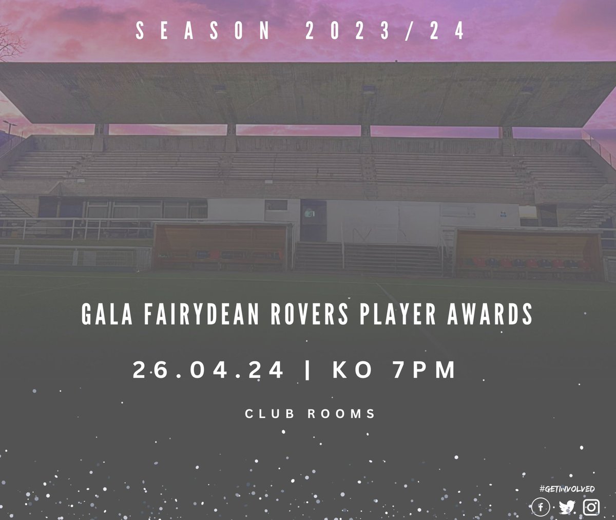 🏆 GFR Player Of The Year Awards 🗓️ 26.04.24 🤩 Join us in Gala Fairydean Rovers club rooms for our annual Player Awards this Friday night 🤗 All welcome 🍺 🥤 Bar open from 6pm #GETINVOLVED ❤️🖤