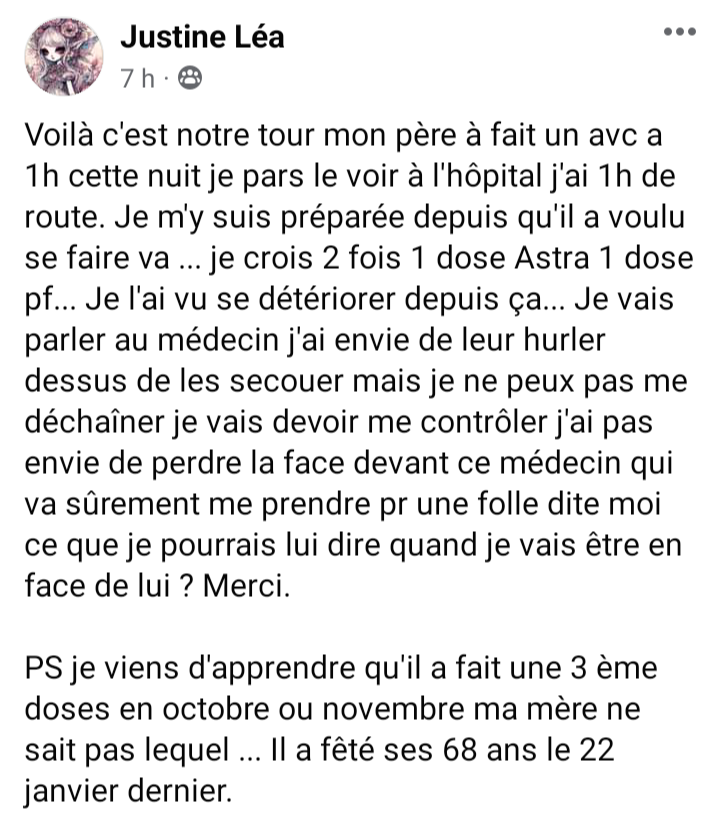 TÉMOIGNAGE n°5267 #effetsindesirables #CovidVaccine (22 février 2024)
« ...fait un AVC... » :
catholique.forumactif.com/t993p940-les-p…

#EffetsSecondairesvaccins19 #VaccineDeaths #VaccineSideEffects