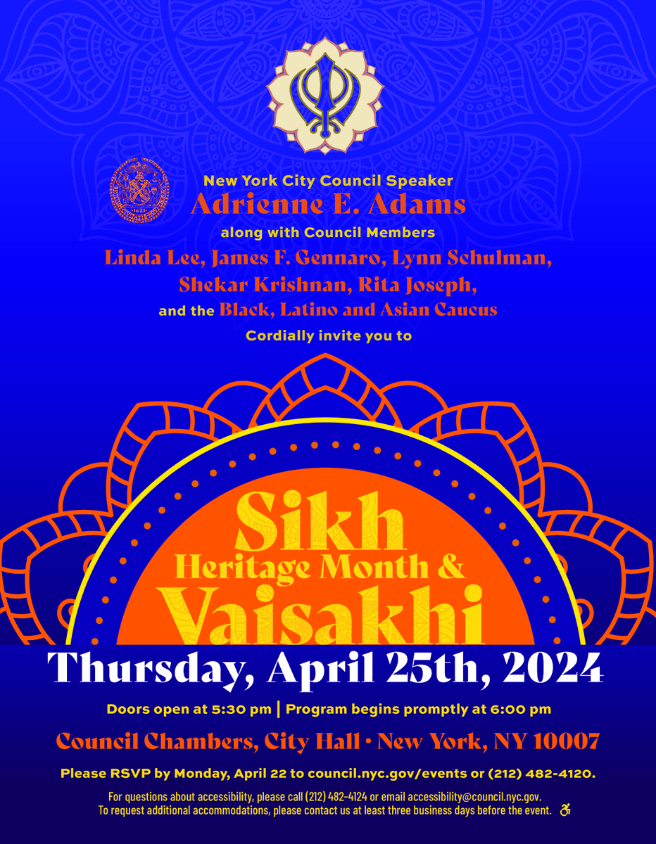 Join us this Thursday, April 25th, for a @NYCCouncil Sikh Heritage Month and Vaisakhi Celebration at City Hall! Doors open at 5:30 PM. RSVP for a night of cultural celebration by following the link here! bit.ly/3QchusM