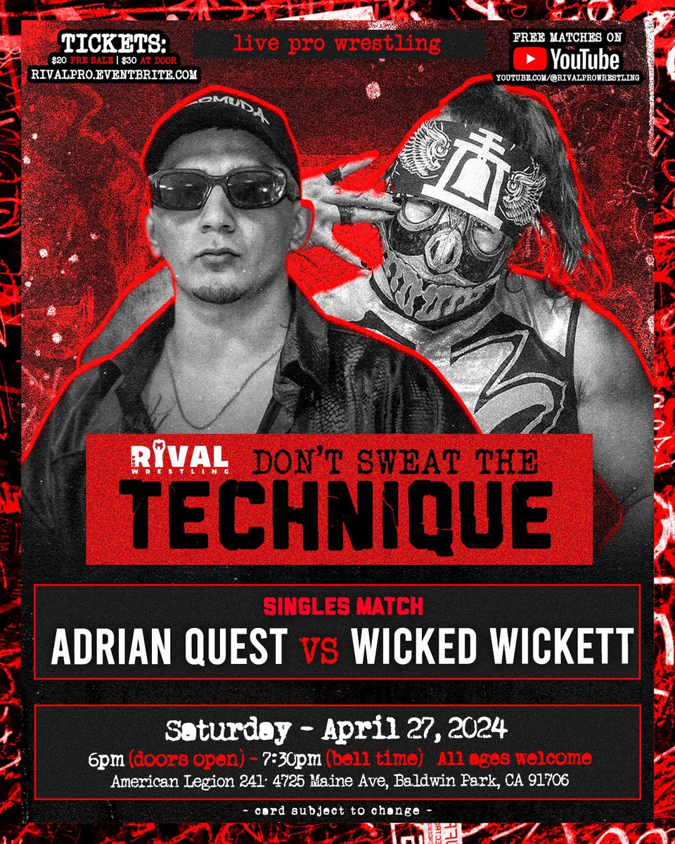 Singles match! @Adrian__Quest vs Wicked Wickett! Live this Saturday! Rivalpro.eventbrite.com Follow us on YouTube at YouTube.com/@RivalProWrest…
