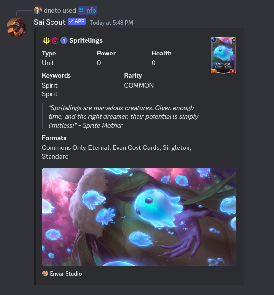 dneto__'s tweet image. 🆕 Sai Scout (Legends of Runeterra discord bot) updated with cards from the Dreamlit Paths expansion.

App link: discord.com/application-di…