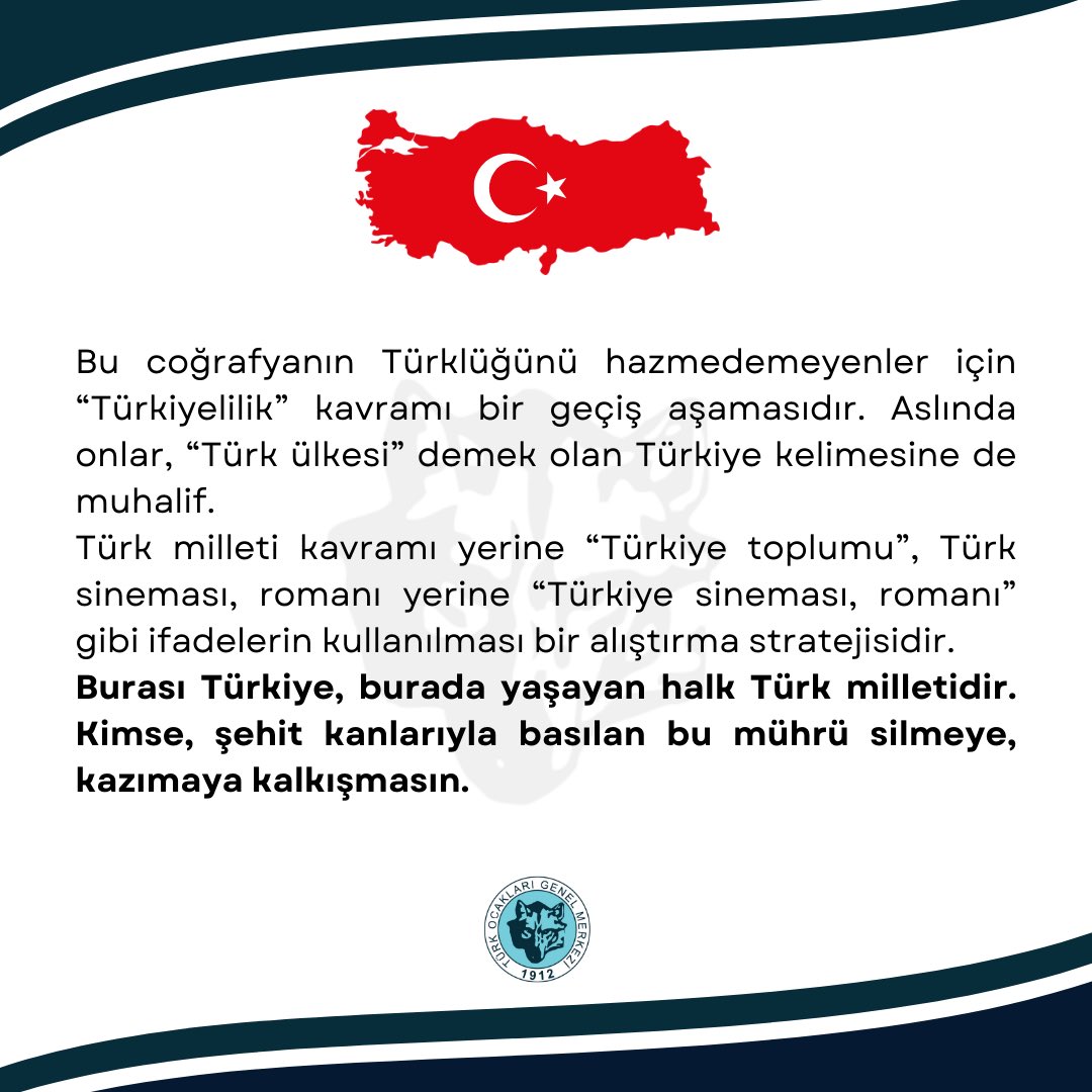 ❗️UYARIYORUZ❗️

Bu coğrafyanın Türklüğünü hazmedemeyenler için “Türkiyelilik” kavramı bir geçiş aşamasıdır. Aslında onlar, “Türk ülkesi” demek olan Türkiye kelimesine de muhalif. 

Türk milleti kavramı yerine “Türkiye toplumu”, Türk sineması, romanı yerine “Türkiye sineması,