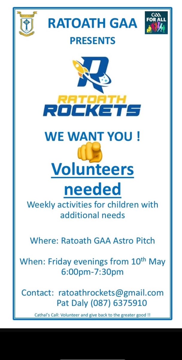 Rockets Volunteer Information Evening Friday 26th April, 7pm Ratoath GAA Clubhouse. Ratoath Rockets needs volunteers to keep this fantastic team running over the summer months. We'd really appreciate any time you can spare to keep this initiative going 🚀🚀🚀