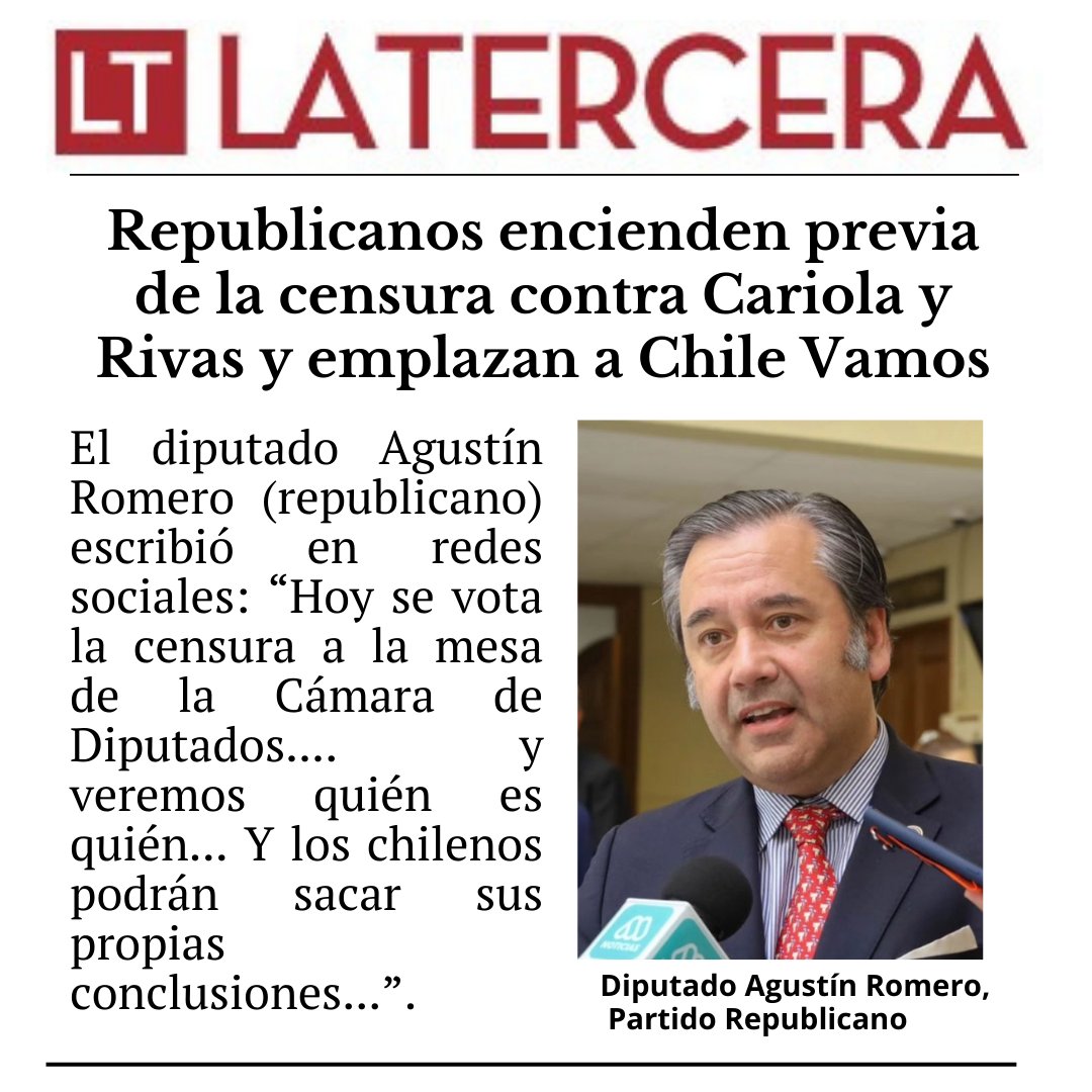 Los invito a leer parte de lo que recoge hoy el diario La Tercera sobre la moción de censura a la mesa que Republicanos llevará hoy a la Cámara de Diputados. #Romeroenelcongreso