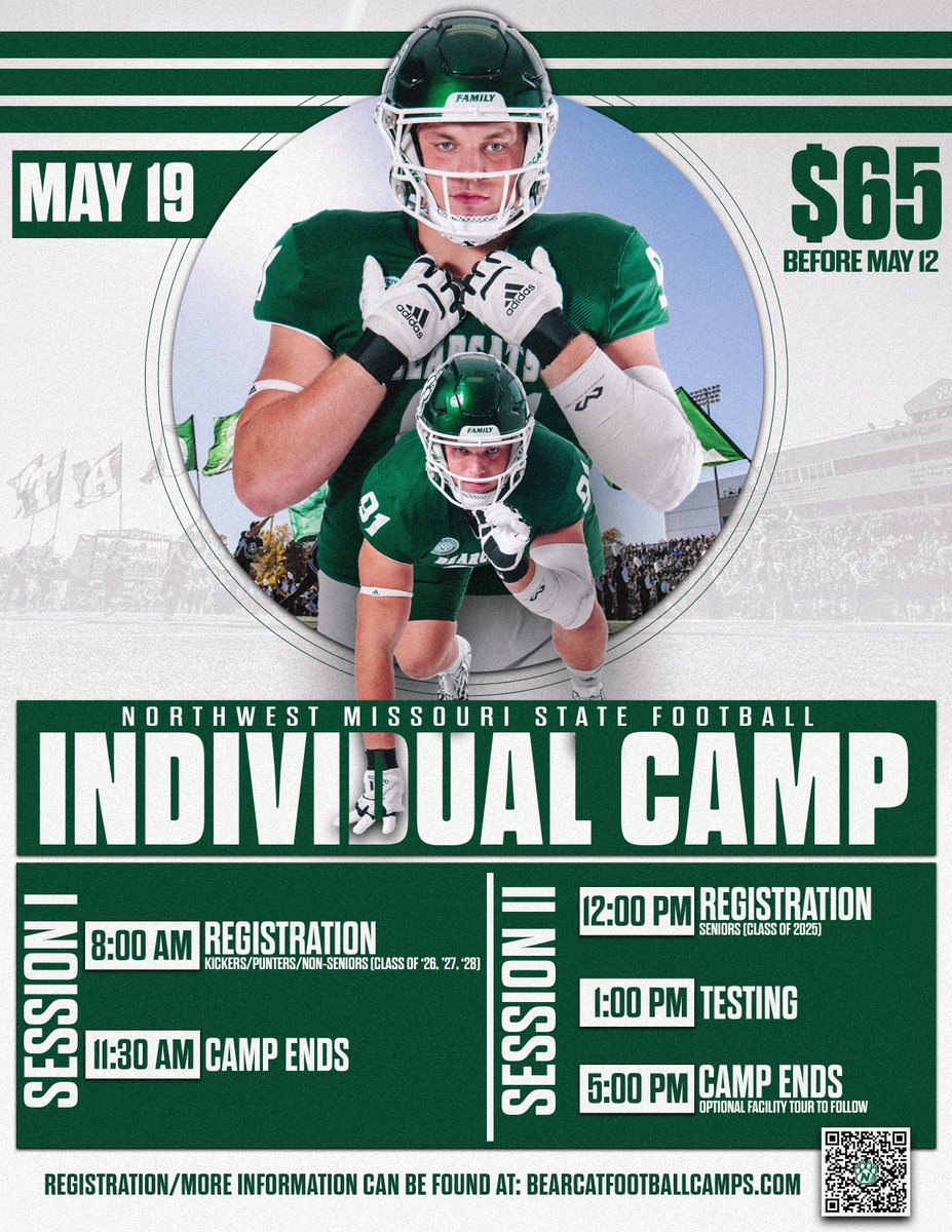 Camp season in full effect May 19th!! Morning session will include underclassman (classes of 26,27,28) till 1130am. Then in the afternoon all of the Sr's to be (Class of 25). Start at 1pm till 5pm. Sign up link attached here: bearcatfootballcamps.com/individual-cam…