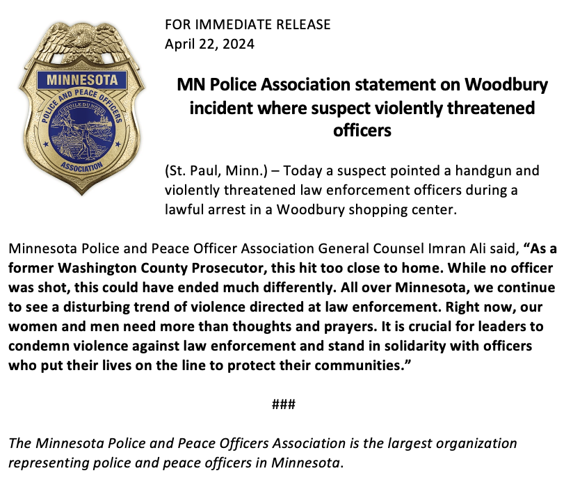 MEDIA STATEMENT: MN Police Association on Woodbury incident where suspect violently threatened officers