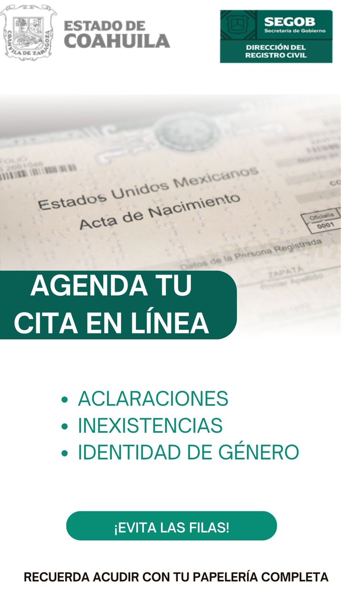 RcivilCoahuila's tweet photo. ¡Evita filas y agenda tu cita en nuestro portal en línea!

Citas para inexistencias: 
https://t.co/6Ks9aRIi2l

Citas para aclaraciones:
https://t.co/VPGUNbthmd

Citas para reconocimiento de identidad de género:
https://t.co/Q4qDP3RSDe https://t.co/MGDx2eVGGH