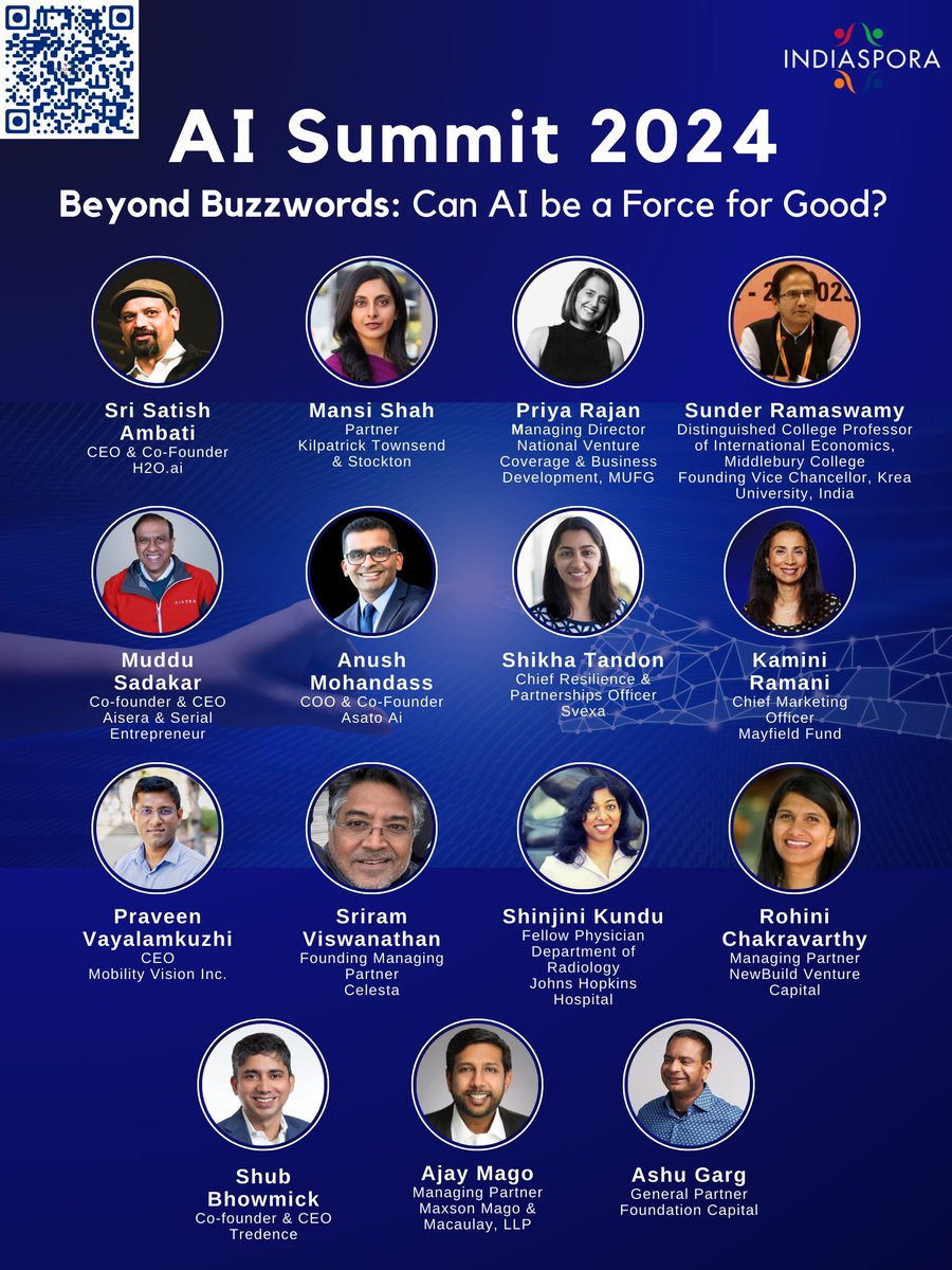IndiasporaForum's tweet photo. Indiaspora's AI Summit is almost here! "Beyond Buzzwords: Can AI Be a Force for Good?" will feature leading industry voices. Tune in virtually at: https://t.co/rPQoAqvUDp

Learn more about our speakers at: https://t.co/RIQv9AjFwB https://t.co/qCwU2D9ery