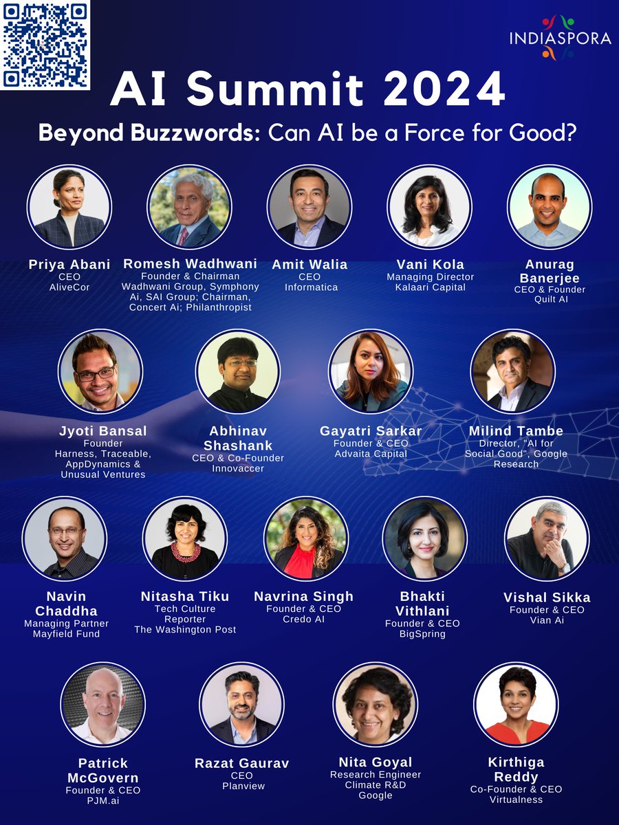 IndiasporaForum's tweet photo. Indiaspora's AI Summit is almost here! "Beyond Buzzwords: Can AI Be a Force for Good?" will feature leading industry voices. Tune in virtually at: https://t.co/rPQoAqvUDp

Learn more about our speakers at: https://t.co/RIQv9AjFwB https://t.co/qCwU2D9ery