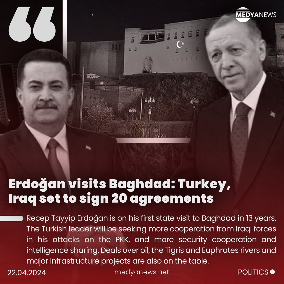 Turkish officials are set to sign a 20-point agreement in #Baghdad. Turkey will be seeking more cooperation with Iraqi forces as its attacks on #Iraqi #Kurdistan intensify. (buff.ly/3Ut15CU)