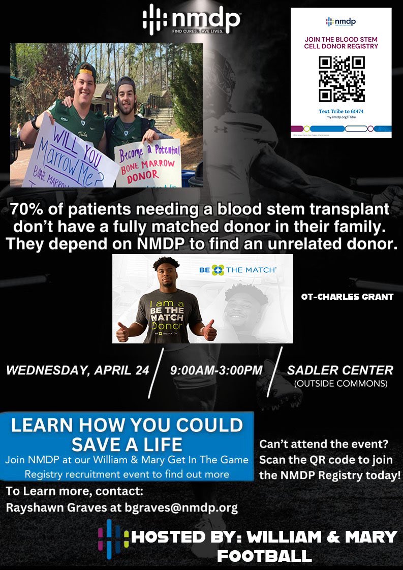 Our FB annual Be The Match drive this Wednesday. Be informed, aware &amp; inspired. Save a Life! ⁦<a href="/WMTribeFootball/">William & Mary Tribe Football</a>⁩ ⁦<a href="/bethematchVA/">BeTheMatch Virginia</a>⁩ ⁦<a href="/TalleyBoneMarro/">Andy Talley Bone Marrow Foundation</a>⁩ ⁦<a href="/WMNews/">William & Mary News</a>⁩ ⁦<a href="/TribeAthletics/">William & Mary Tribe Athletics</a>⁩