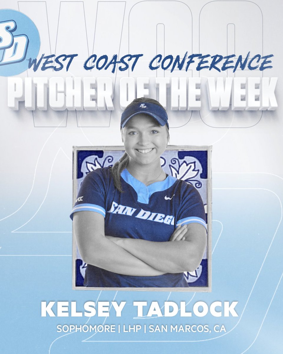 USDSoftball's tweet photo. The perfect way to cap off a 𝙥𝙚𝙧𝙛𝙚𝙘𝙩 weekend 🤩

Kelsey Tadlock is your @WCCsports Pitcher of the Week!

📰: https://t.co/5wLmZx0P2Y

#GoToreros #BetterTogether https://t.co/EyZ0NCp6FO