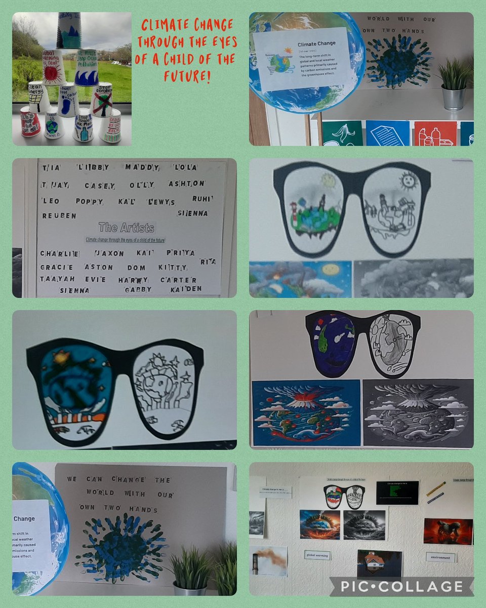 Dosbarth Caerdydd's Art exhibition 'Climate change through the eyes of a child of the future' with our partner school in Ghana on a Climate change project we invited parents to see our amazing work @ClimateCymru @_OLW_ @ecoschoolfran @MerthyrCBC @WGClimateChange @Keep_Wales_Tidy