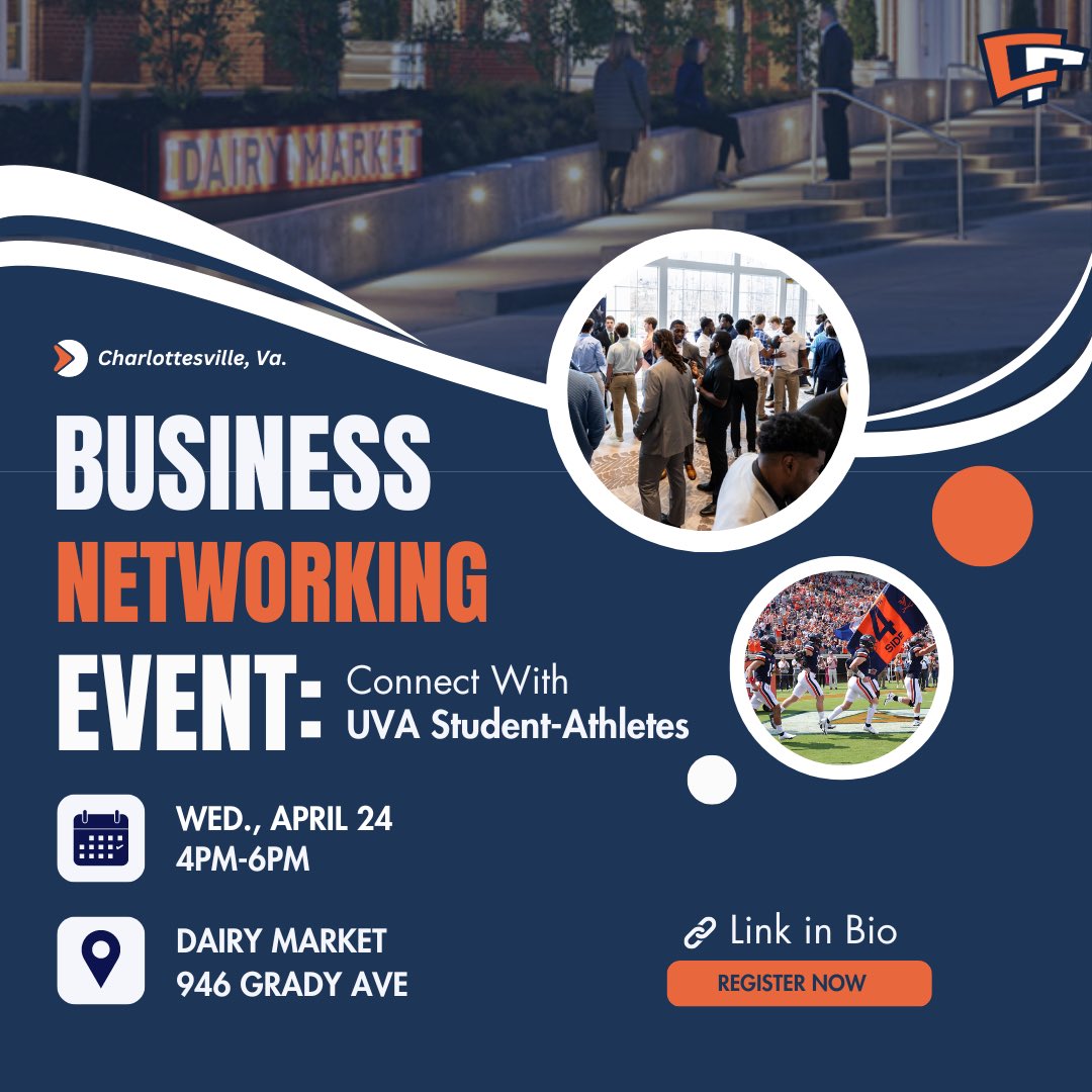 We are just 2️⃣ DAYS away from our Business Networking Event at the Dairy Market! We can’t wait to see Virginia business owners and @VirginiaSports student-athletes there ⚔️ 🔗 RSVP here: docs.google.com/forms/d/e/1FAI…