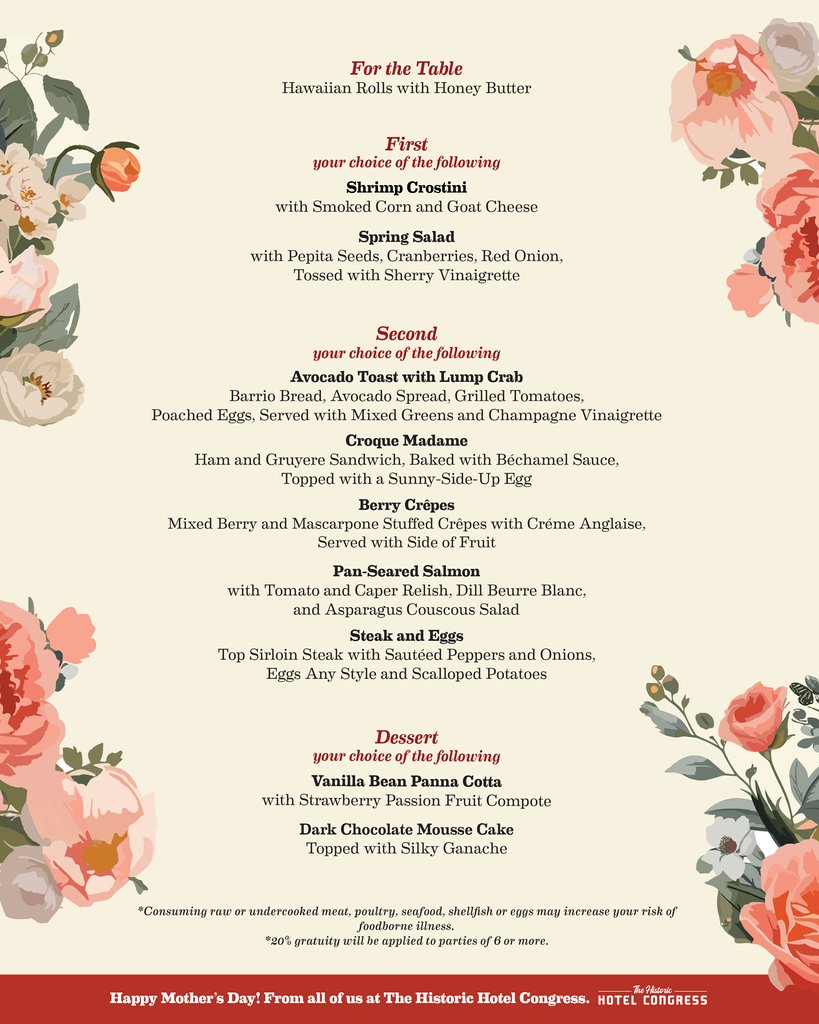 Treat mom to a delicious meal at the Cup Cafe this Mother's Day!

Swipe to see menu! Call us to make a reservation, or book online at hotelcongress.com