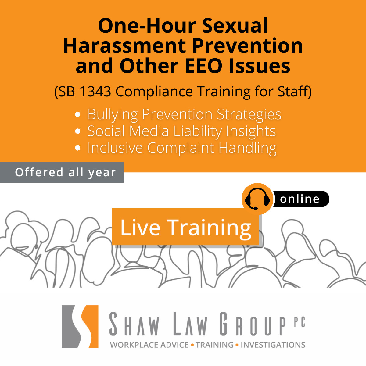 Our SB1343 compliance training is next week, April 30th. 

2024 Training Dates shawlawgroup.com/training/

#EEOtraining #WorkplaceRespect #SB1343Compliance #HarassmentPrevention #EqualityInWorkplace #InclusiveCulture #DiversityTraining