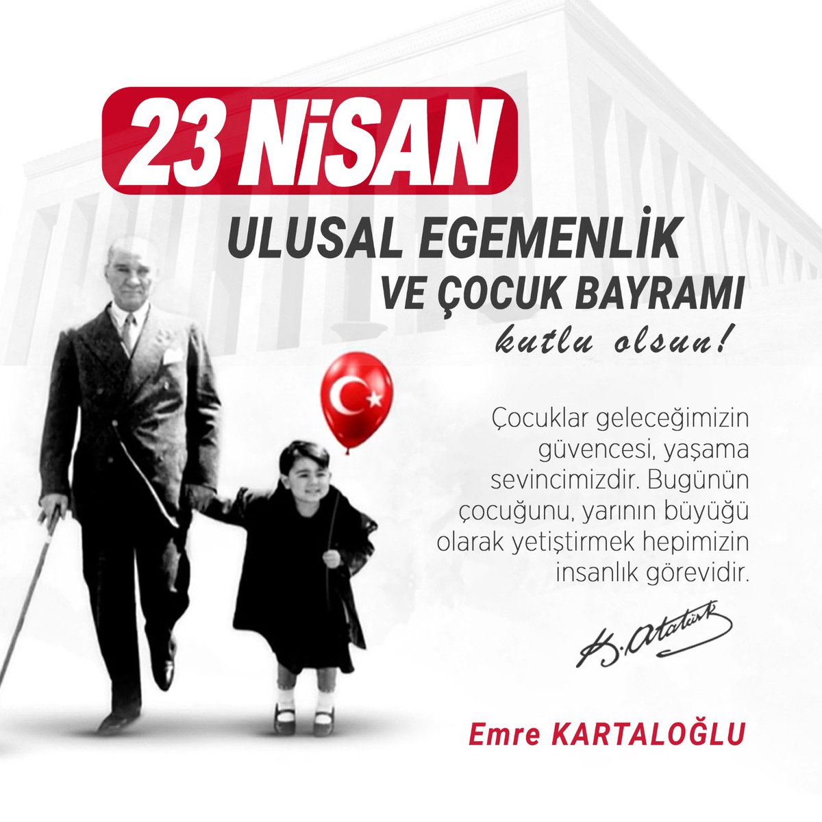 Atatürk’ün izinden yürüyerek, geleceğimiz ve umudumuz olan çocuklarımıza demokratik, çağdaş ve barış içinde yaşayabilecekleri bir dünya bırakmak için daha çok çalışacağız. 23 Nisan Ulusal Egemenlik ve Çocuk Bayramı’nı kutluyorum. #türmob