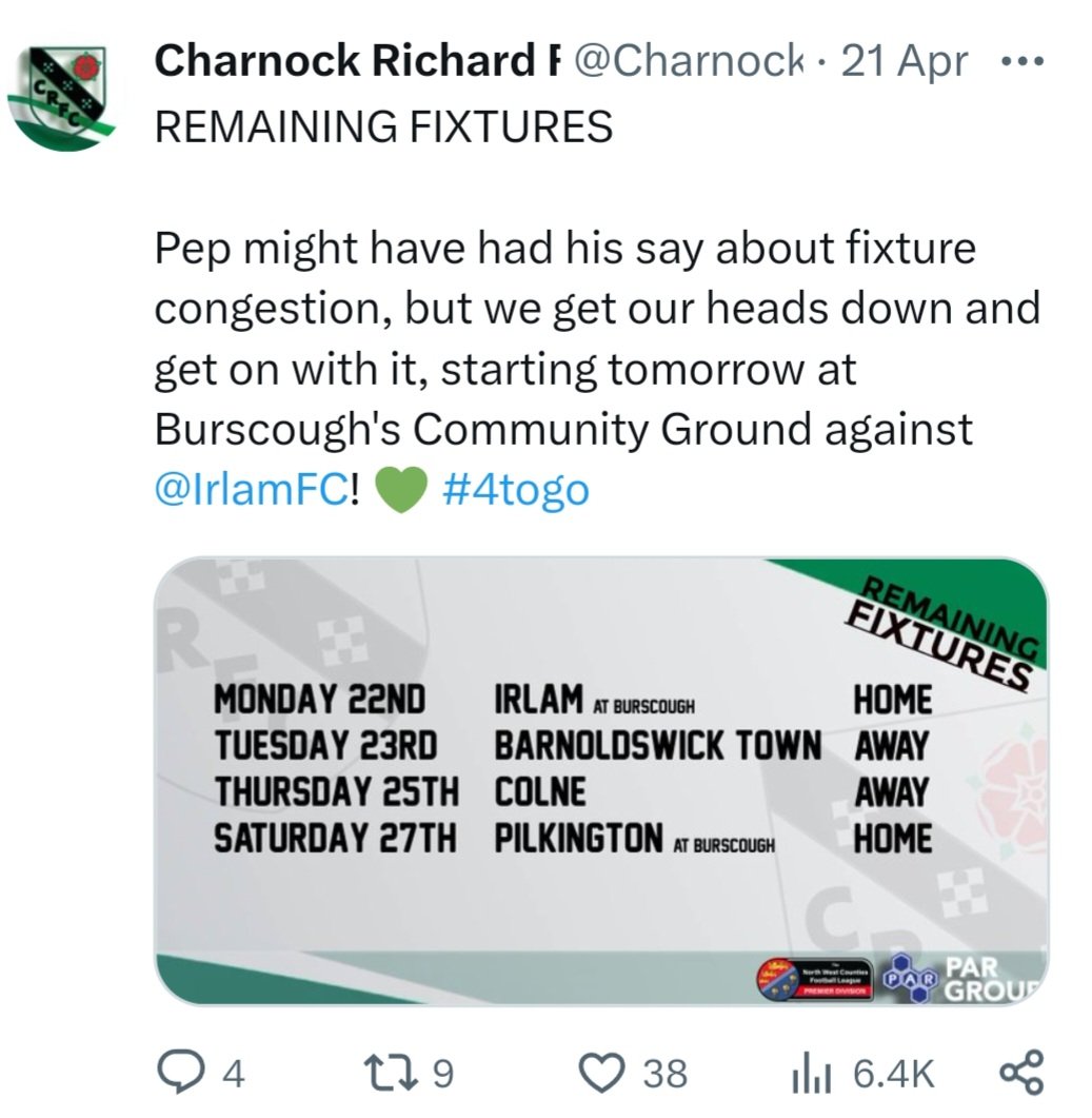 Can the #greenarmy spoil the party for @CharnockFC on Saturday when @pilks visit the Burscough Community Ground for our final game of the season