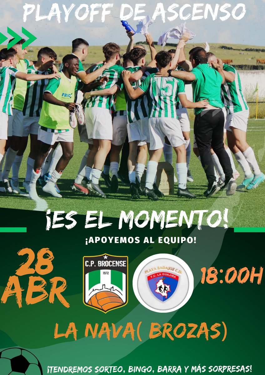 CP_Brocense's tweet photo. ¡𝐏𝐋𝐀𝐘 𝐎𝐅𝐅 𝐃𝐄 𝐀𝐒𝐂𝐄𝐍𝐒𝐎!⁣
⁣
⚽️¡𝐄𝐒 𝐄𝐋 𝐌𝐎𝐌𝐄𝐍𝐓𝐎!⁣

📢 ¡Afición acudamos el domingo en masa al municipal y tiñámoslo de verde y blanco.

ℹ️ Partido de ida play off de ascenso.

🆚 Playa de Badajoz  CD.

⏰ 18:00h

🏟️ La nava (Brozas)

¡Contamos contigo! https://t.co/mX3tXs4Yg5