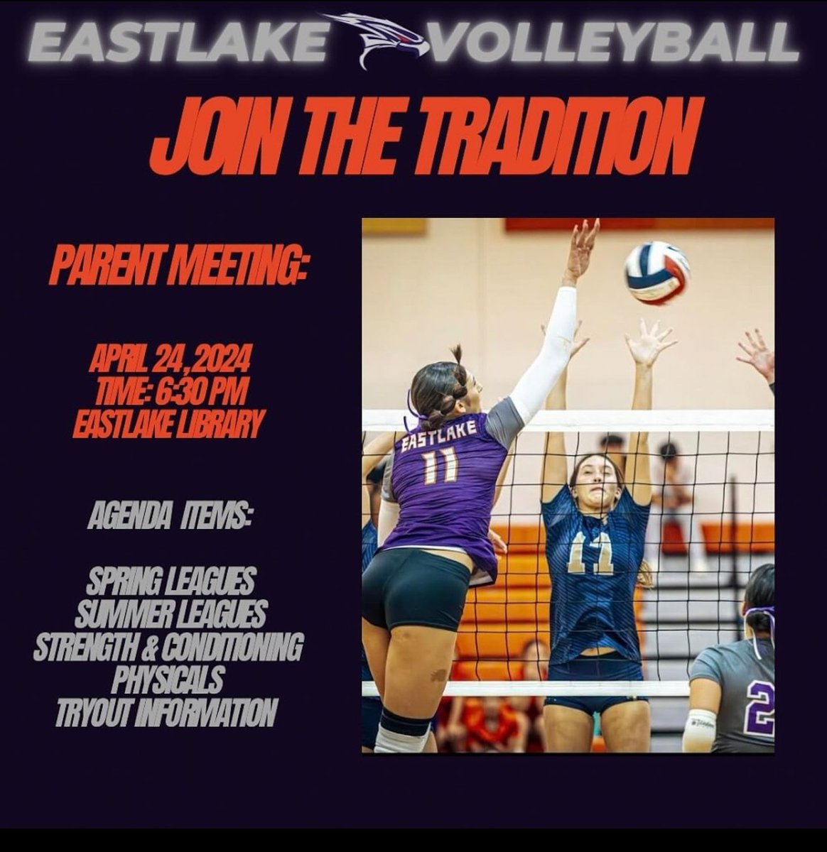 This Wednesday, @Eastlake_Vball will be hosting a parent meeting for any incoming freshman, transfer students, and students who were not on the team last year or did not try out and would like to try out this upcoming season. We look forward to seeing everyone on Wednesday!