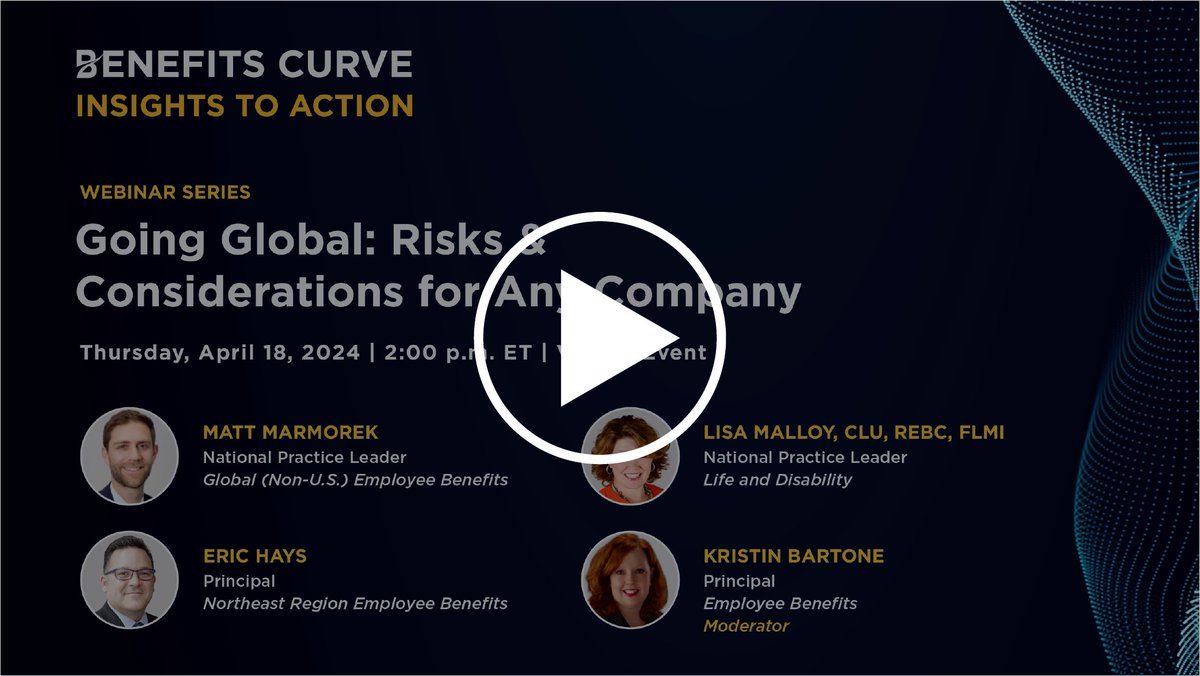 On April 18, our EPIC #GlobalBenefits Solutions panelists shared their expert opinions, advice, and recommendations to assist you in making informed decisions about your global #strategy. View the recording now bit.ly/3W8VqmI #EmployeeBenefits #GlobalTalent #GlobalRisk