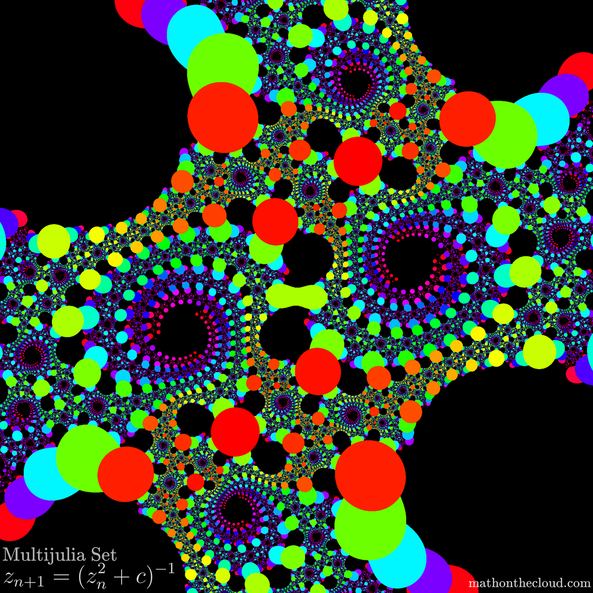 Math is beautiful! Discover how simple equations can craft a world of wonderful shapes and colors with Math on the Cloud!

Image created with our Julia/Multijulia set plotting tool at mathonthecloud.com/fractal/julia !

#fractal #fractalart #cool #art #design #cgi #colors