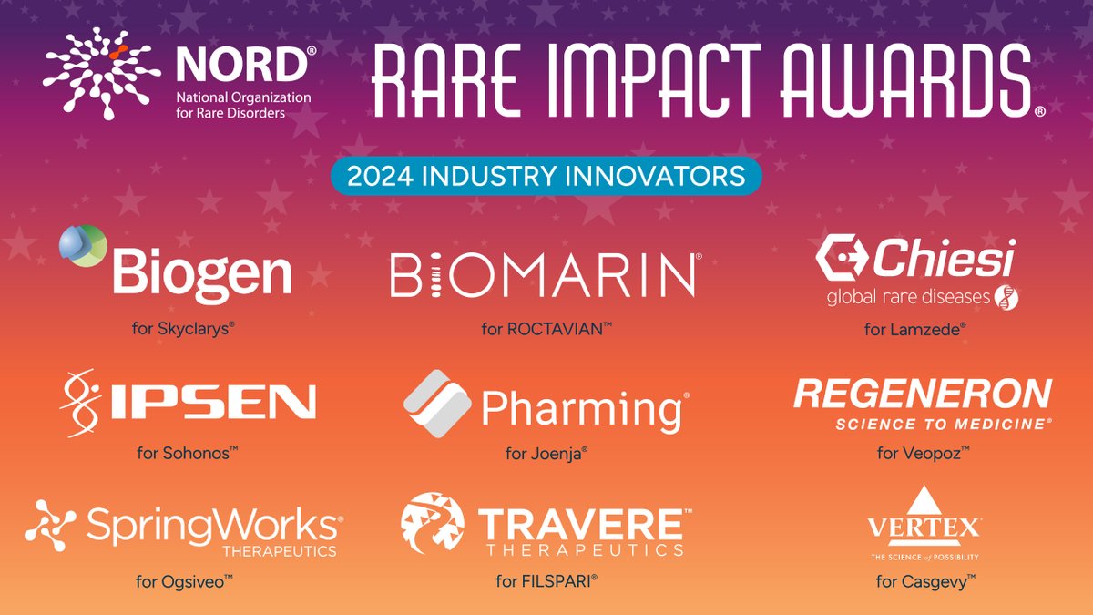 Announcing our 2024 NORD #RareImpactAwards Industry Innovators!

These companies have developed groundbreaking FDA-approved #RareDisease therapies that brought hope to many in our community.

Meet the Industry Innovators of 2024: rareimpact.org