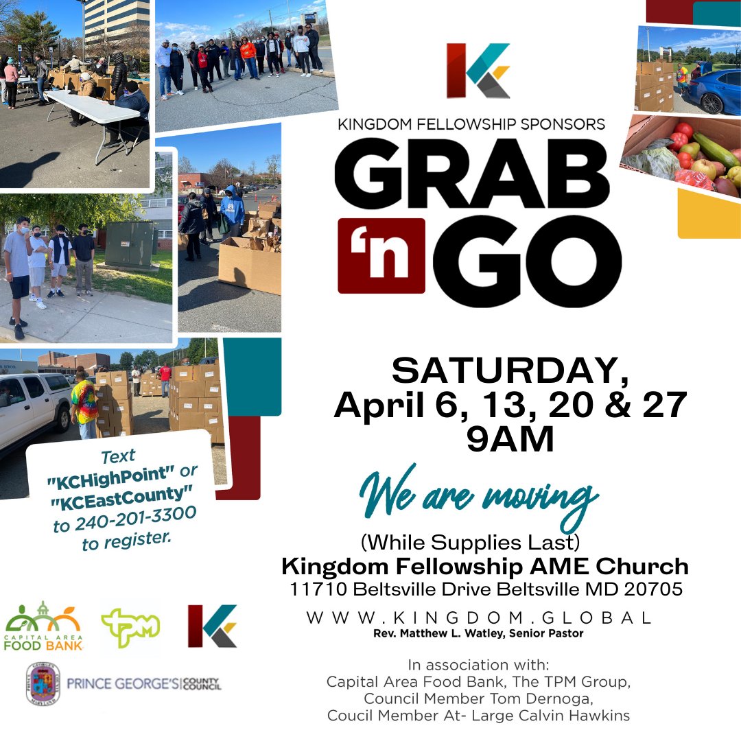 🚨FOOD GRAB n' GO🚨 now at the Kingdom Fellowship AME Church. Meals are available for pick up on 4/27 at 9AM- first come, first serve basis. #Beltsville #PrinceGeorgesProud #ProudtoProvide