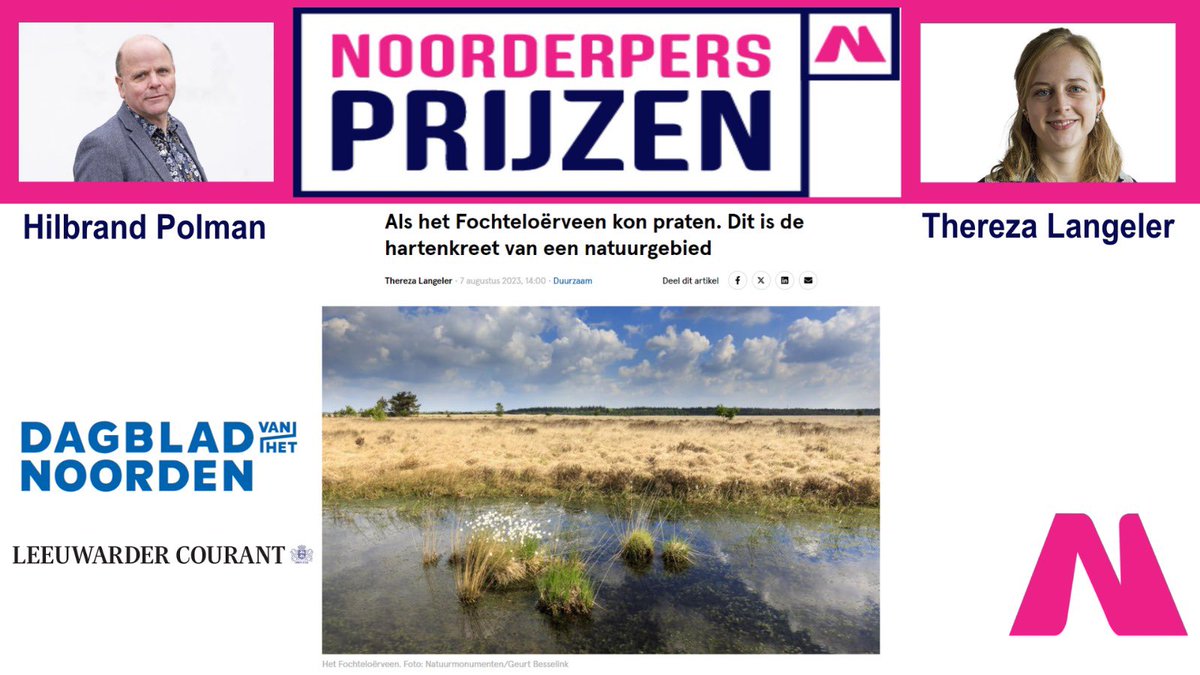 En als kers op de taart van onze noorderpersprijzenavond: de bekendmaking en uitreiking van de Noorderpersprijs! Deze is voor @TherezaLangeler en Hilbrand Polman voor de reeks over het Fochtelooerveen! <a href="/dvhn_nl/">Dagblad van het Noorden</a> 
#noorderpers #journalistiek