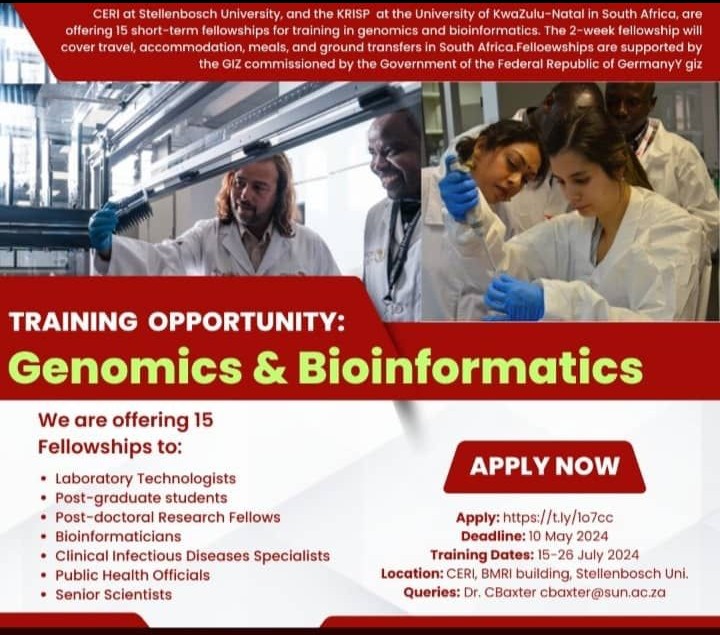 ✨Call for Applications

📌Apply for a 2-week fellowship in Genomics & Bioinformatics

CERI and KRISP offer 15 spots for intensive training in South Africa.

Fully funded: travel & accommodation expenses covered

🗓️15-26 July 2024

👉Apply by 10 May 2024

#Genomics #Bioinfomatics