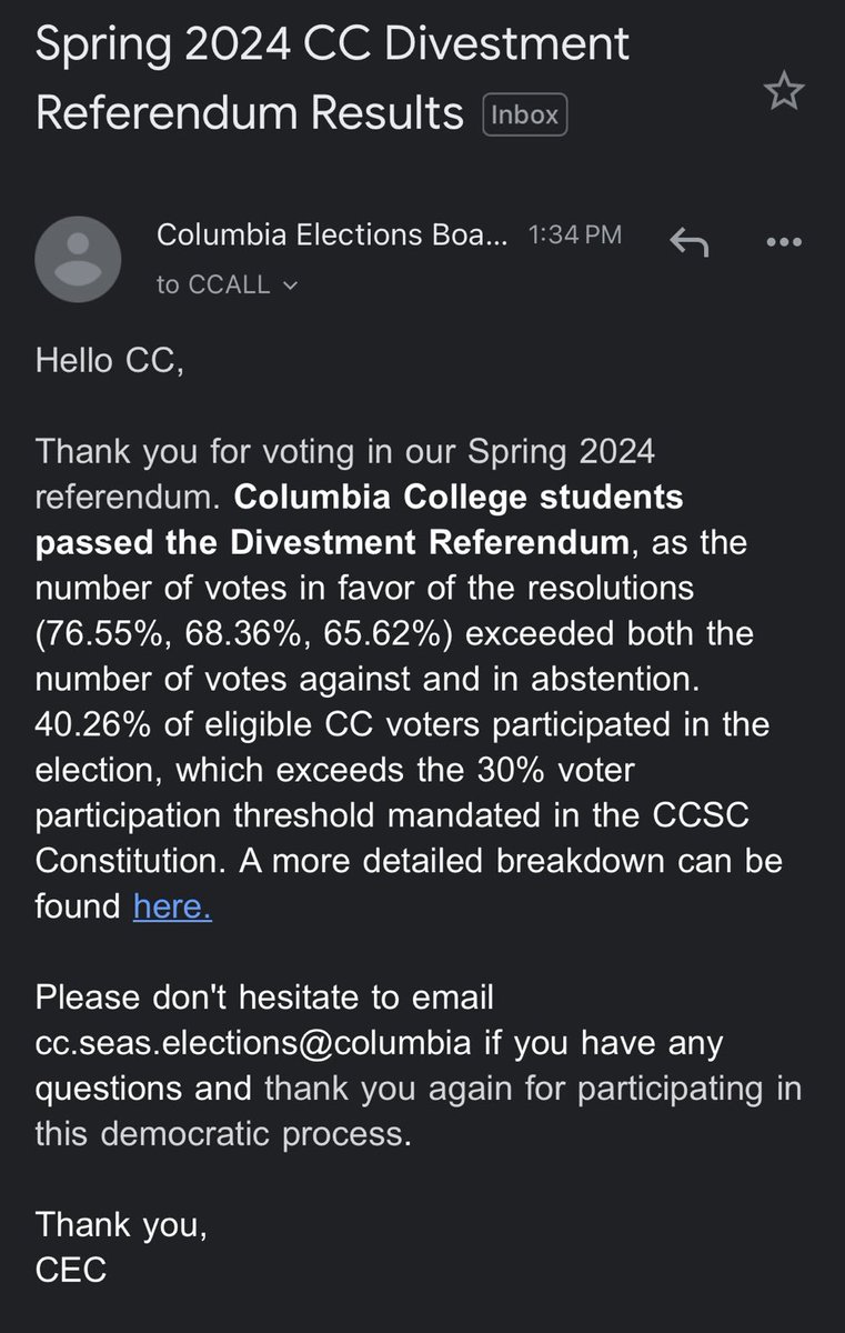 BREAKING: Students at Columbia have overwhelmingly voted in favour of divestment from Israel! • 77% in favor of financial divestment • 68% in favor of the cancellation of Tel Aviv Global Centre • 66% in favor of ending the Dual Degree Program with Tel Aviv University This is