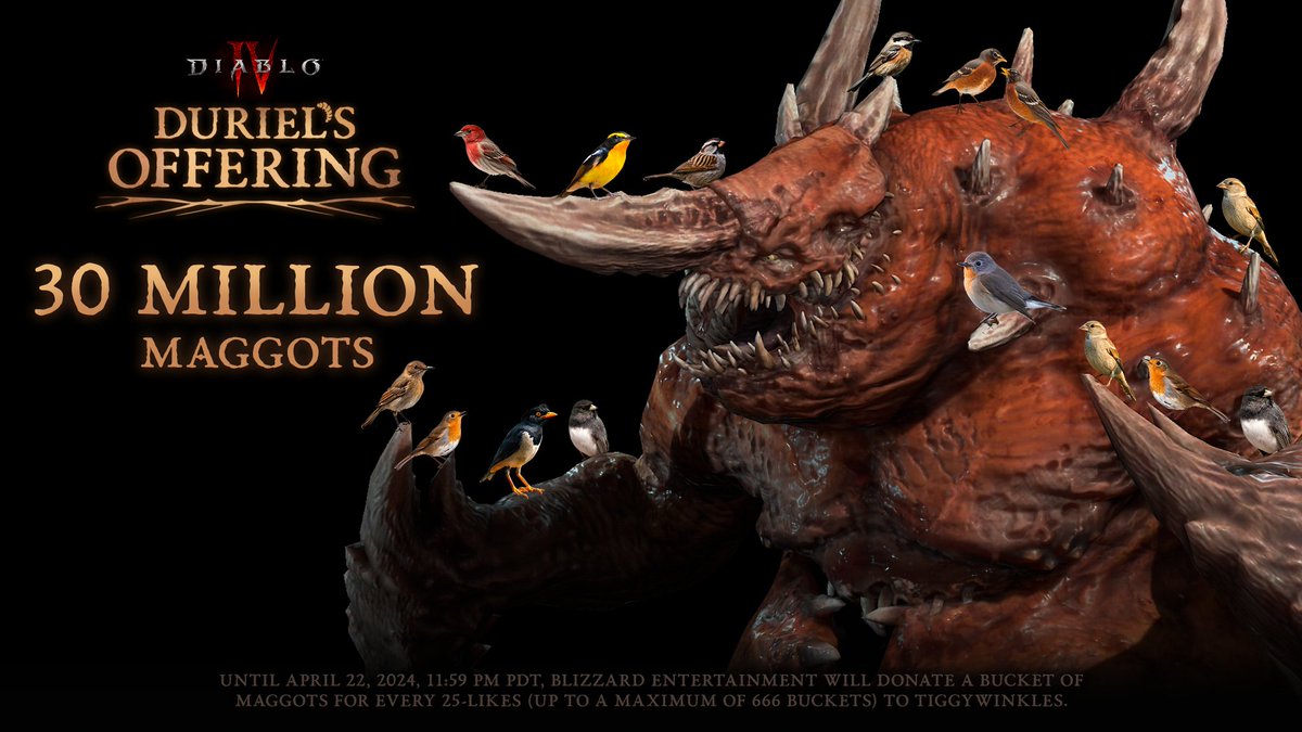 Diablo's tweet image. Duriel’s Offering is complete.

The Maggot King rests easy knowing his brood has been used for good on #EarthDay.

Head to sttiggywinkles.org.uk  to see how you can help the wildlife at @TiggywinklesUK.