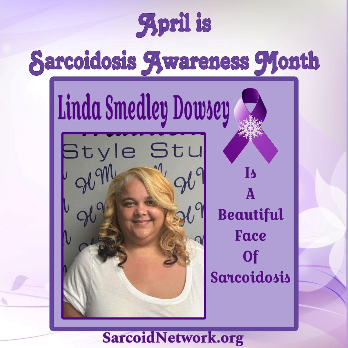 This is our Sarcoidosis Sister Linda Smedley Dowsey and she is a Beautiful Face of Sarcoidosis!💜 #Sarcoidosis #raredisease #patientadvocate #sarcoidosisadvocate #beautifulfacesofsarcoidosis #sarcoidosisawarenessmonth