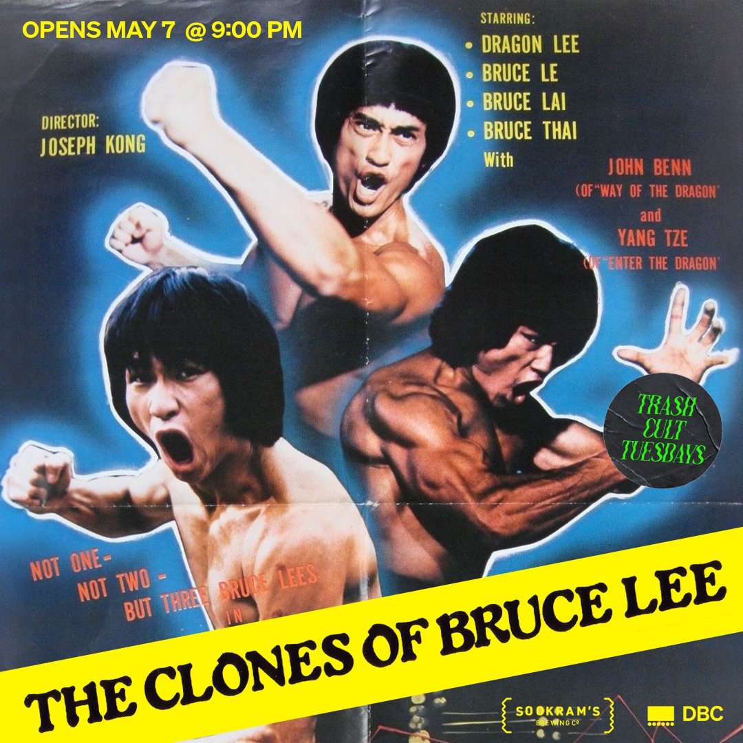 After his death in a Hong Kong hospital, scientists from The Special Branch of Investigation remove a syringe of blood from Bruce Lee’s corpse to create 3 genetic clones of the martial arts superstar for top-secret crime-fighting missions. The Clones of Bruce Lee opens May 7.