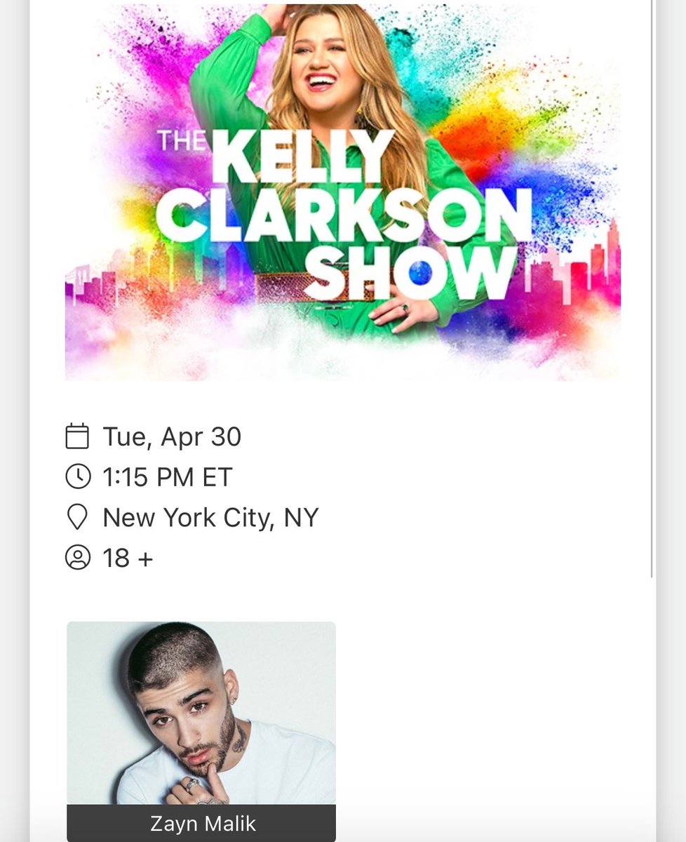 ZaynReport's tweet photo. 🚨 Zayn will be filming an episode of The Kelly Clarkson Show on Tuesday, April 30th! https://t.co/O1RPfrmgqU