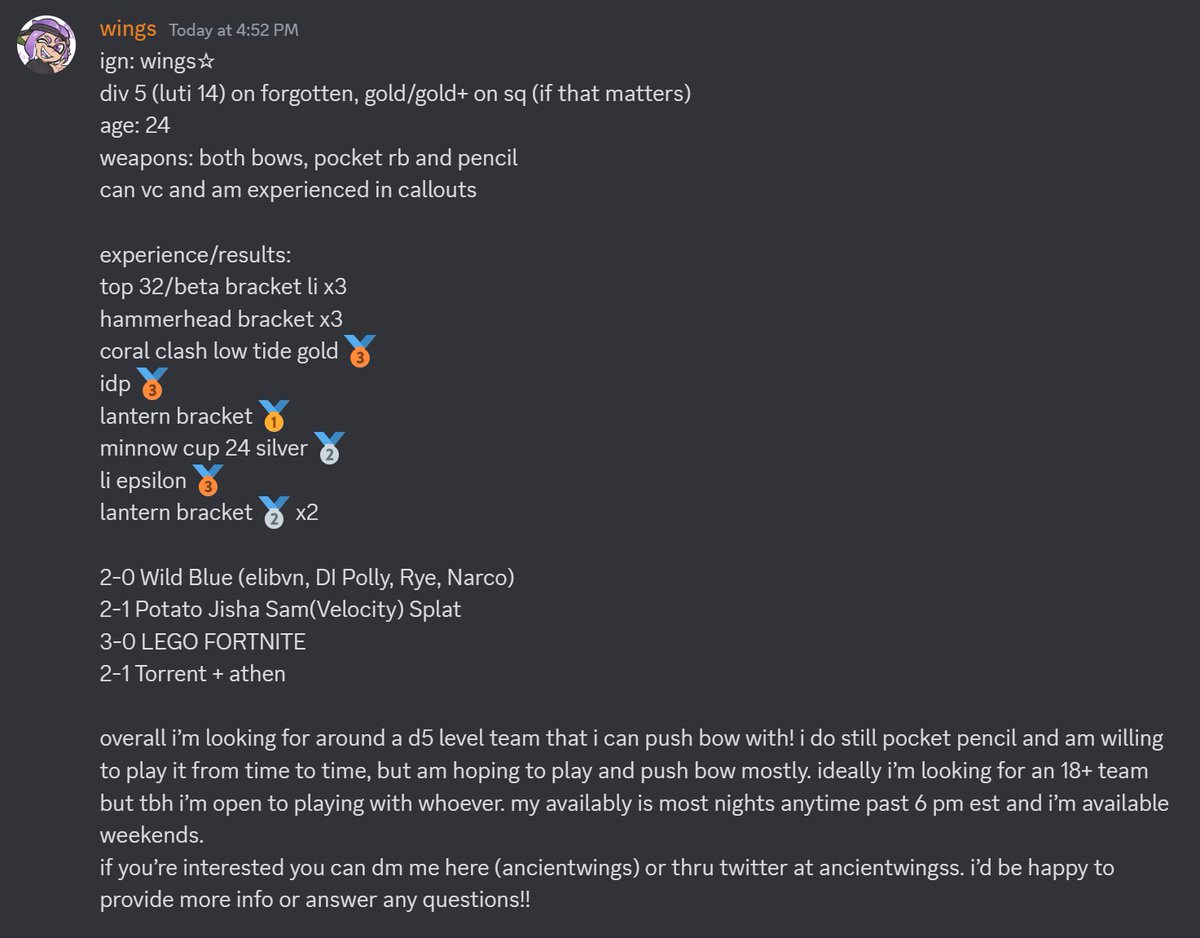 i'm an fa! and hoping some team will take a chance with bow. i've got plenty of experience, both with my weapon and in comp.
it may not be the best in this meta, but i think it's still viable and capable of winning touneys!! 

please retweet and share around 💕