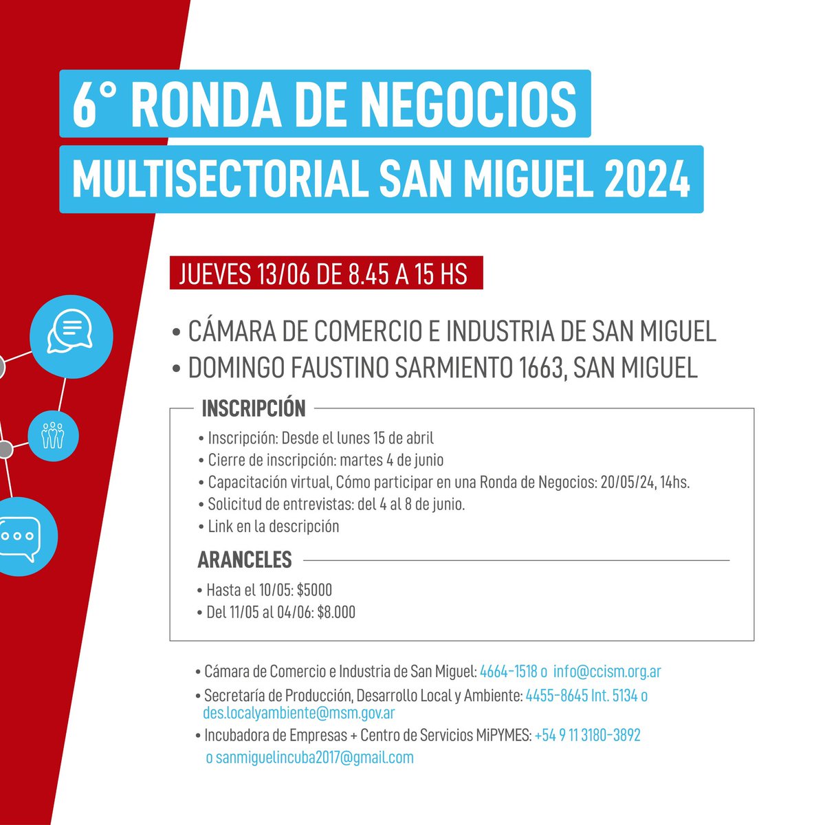 6° RONDA DE NEGOCIOS MULTISECTORIAL SAN MIGUEL 2024, que se realizará el jueves 13/06  junto a <a href="/MuniSanMiguelOK/">San Miguel (Bs. As.)</a> y el apoyo de <a href="/redcame/">CAME</a>

❇️Fecha de cierre inscripción: 4/06/23
❇️INSCRIPCIÓN: Plataforma CAME: rdn.came.org.ar

#AcompañandoelDesarrolloPyme