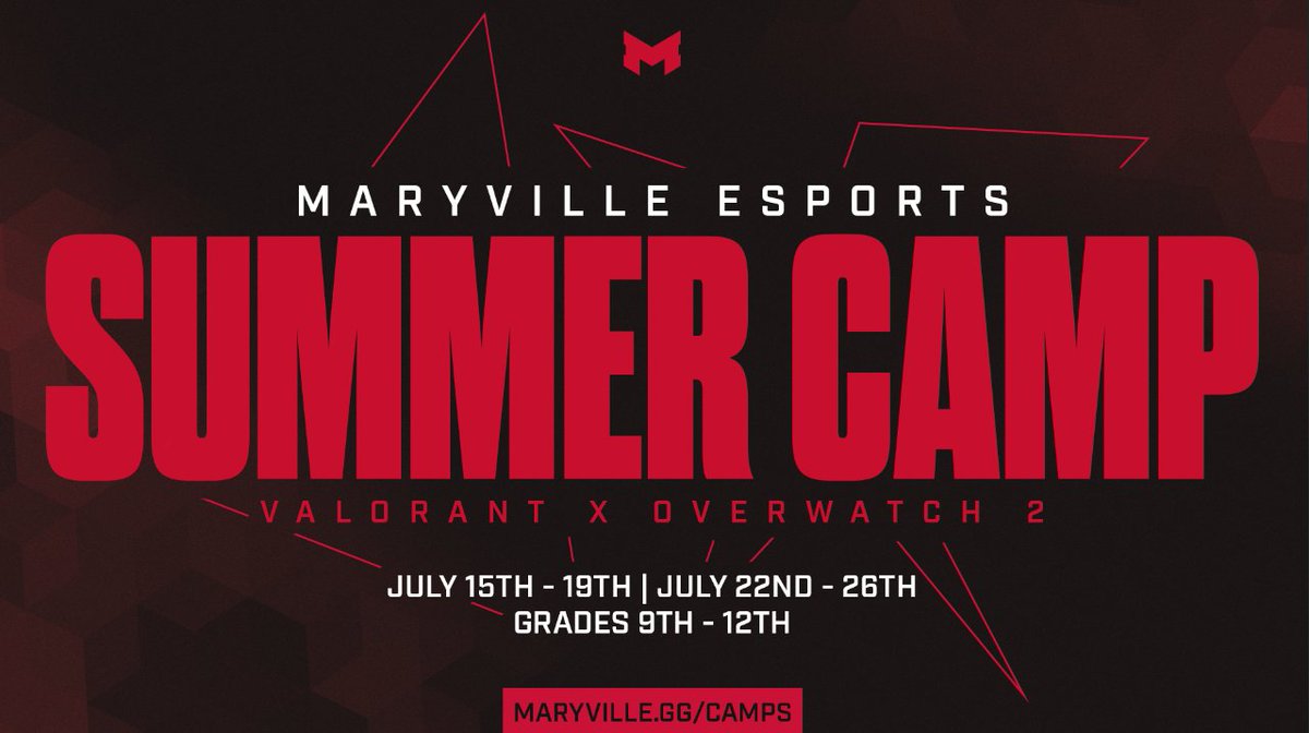 MARYVILLE ESPORTS SUMMER CAMPS! ☀️ If you're a St. Louis area high school student, join us this summer for our Valorant and Overwatch skills camp led by Maryville staff and players! Click the link below for more information: ⛺️ maryville.gg/camps