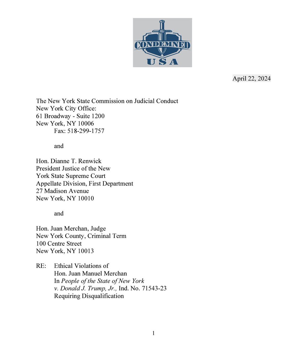 🚨 BREAKING THREAD 🧵 🪡 
Treniss Evans, Condemned USA, Files Ethics Complaint with The New York State Commission on Judicial Conduct, Alleges “Ethical Violations of  Hon. Juan Manuel Merchan In People of the State of New York v. Donald J. Trump, Jr….Requiring Disqualification”