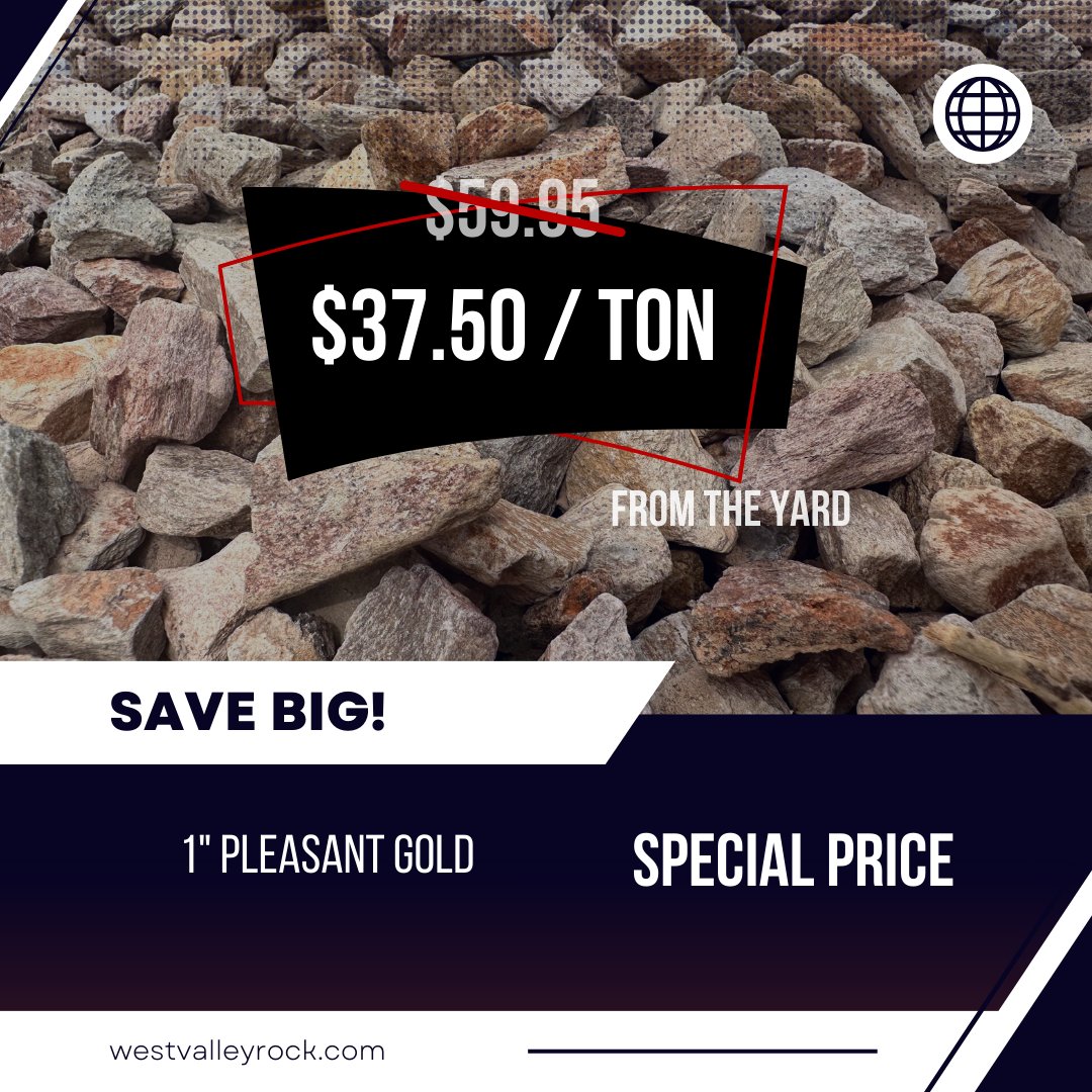 Spring into savings with our exclusive sales!

1/4 minus Desert Jade & Pleasant Gold
25% off at the pit: $8.50
31% off at the yard: $27.50

1'& 1/2 Inch
$18 at the pit Normal pricing $27.00  per ton 
At the yard on sale $37.50 normally $59.95
🌷 #SpringSale #Savings