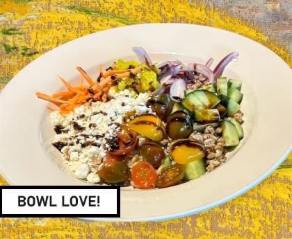 Explore our enticing array of Protein Bowls, such as our Mediterranean Farro Bowl featuring wholesome farro and tzatziki, accompanied by fresh carrot, red onion, heirloom tomato, cucumber, banana pepper, crumbled feta, and drizzled with a delightful balsamic reduction.