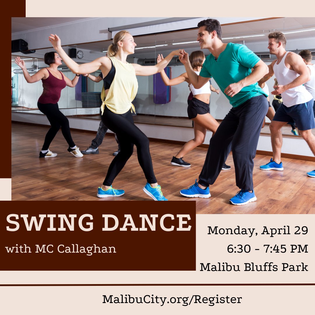 MalibuCSD's tweet image. 🕺SWING AND SWAY - Join MC Callaghan in the Swing Dance Workshop on Monday, April 29 at 6:30 PM at Malibu Bluffs Park. Suitable for singles and couples. Register online at MalibuCity.org/Register. #swingdance #adultprograms #malibu