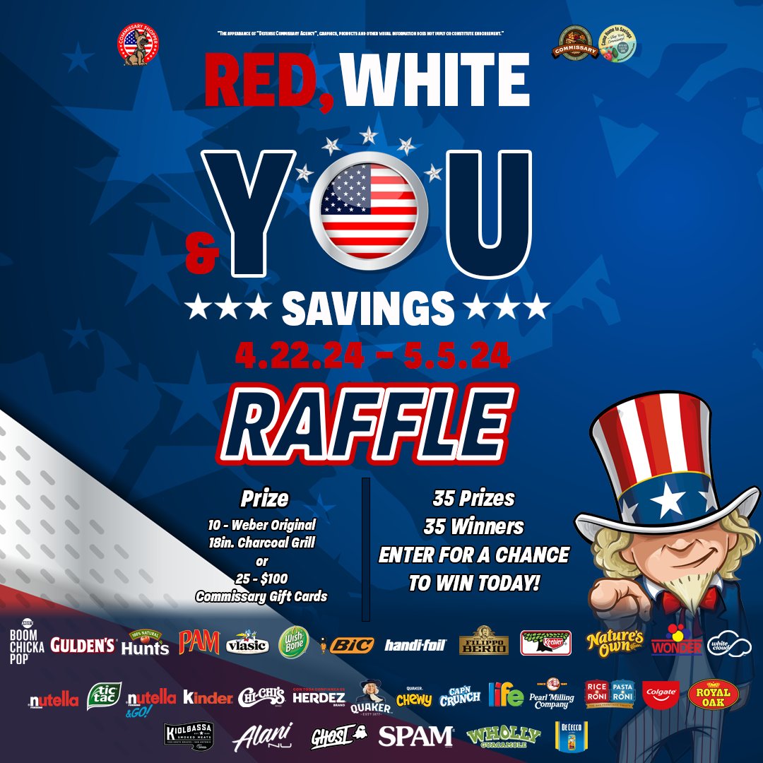 🔥Ignite Your Grill Game This Summer! Enter our Red, White & You Savings Raffle today for a chance to score an 18in Weber Charcoal Grill or a $100 Commissary Gift Card! 🌭💸🍔 Click link to Complete Google Form: 👉 ow.ly/ARCt50Rgn4k Don't miss out! Contest ends May 5!